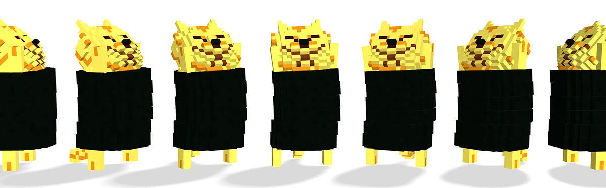 Voxsel art作品。黄色ののり巻き猫7匹が片手を挙げて上を向いて立っている。