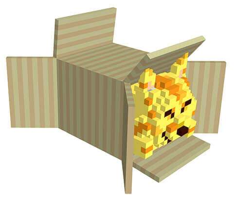 Voxsel art作品。側面が開いている段ボール箱に黄色い猫が飛び込んで入っている。