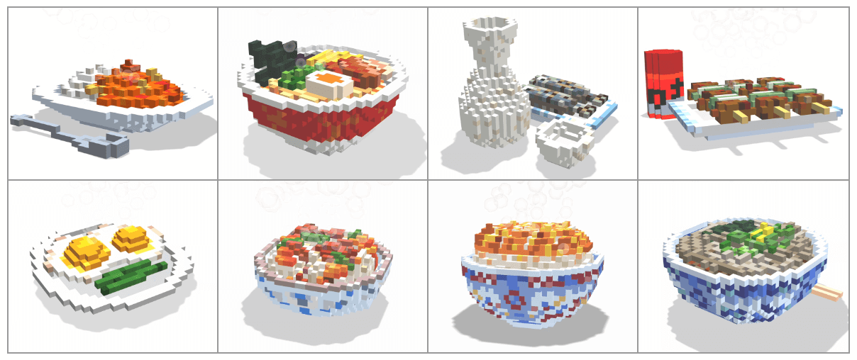 Voxsel art作品の表。カレーライス、ラーメン、お銚子、焼き鳥、目玉焼き、肉じゃが、かつ丼、かけそばが記載されている。