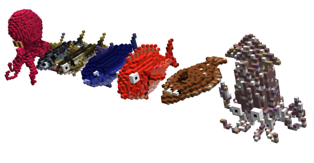 Voxsel art作品。右からイカ、ヒラメ、タイ、マグロ、アジ、タコが一列に並んでいる。