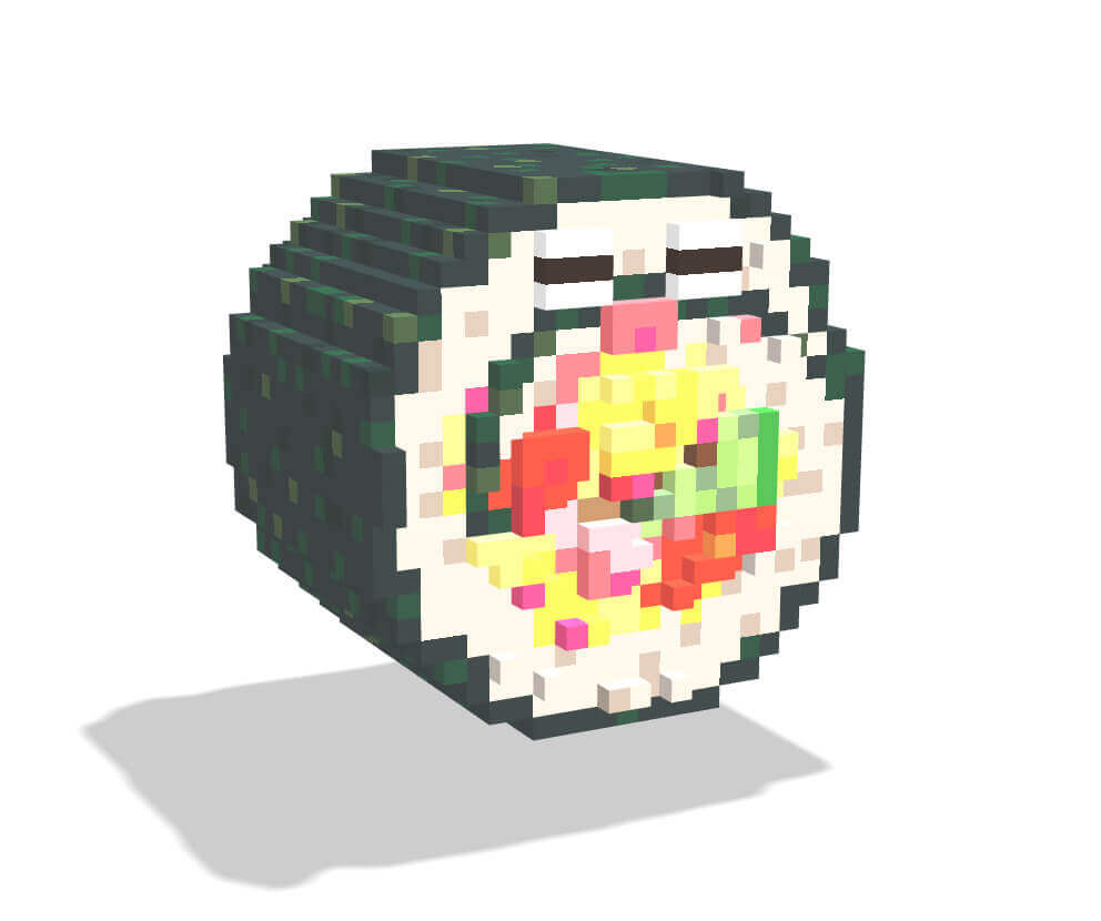 Voxsel art作品。太巻きのキャラクター。シャリの断面が顔になっていて目が二つある。