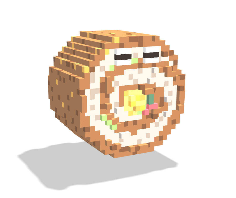 Voxsel art作品。いなり巻きのキャラクター。シャリの断面が顔になっていて目が二つある。