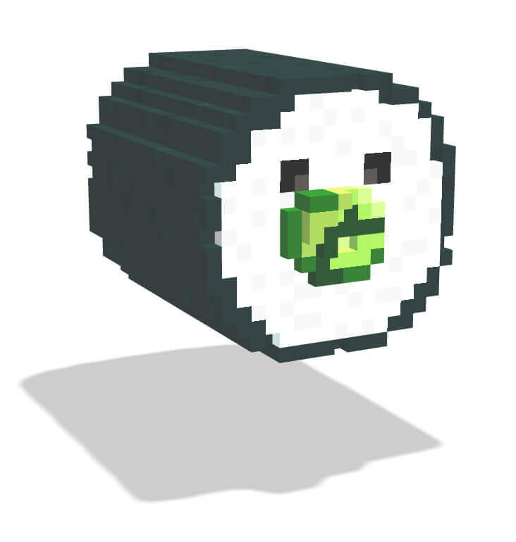 Voxsel art作品。かっぱ巻きのキャラクター。シャリの断面が顔になっていて目が二つある。