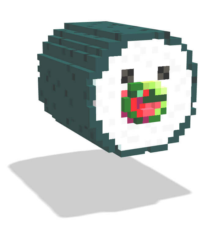 Voxsel art作品。梅きゅうり巻きのキャラクター。シャリの断面が顔になっていて目が二つある。