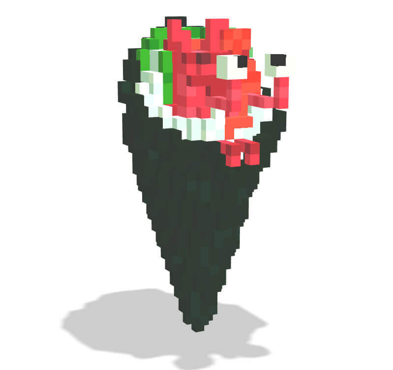 Voxsel art作品。えび手巻き寿司のキャラクター。ネタに目が二つついている。