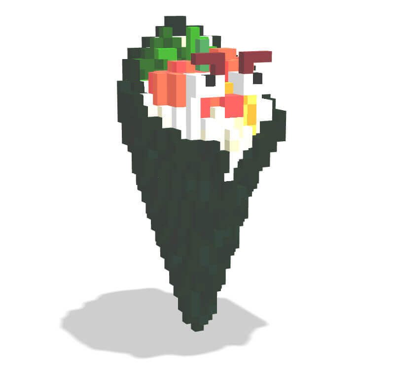 Voxsel art作品。サーモン手巻き寿司のキャラクター。ネタに目が二つついている。