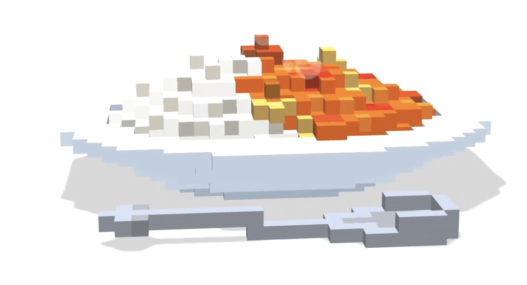 Voxsel art作品。白い食器に盛り付けられたカレーライスと銀色のスプーン。