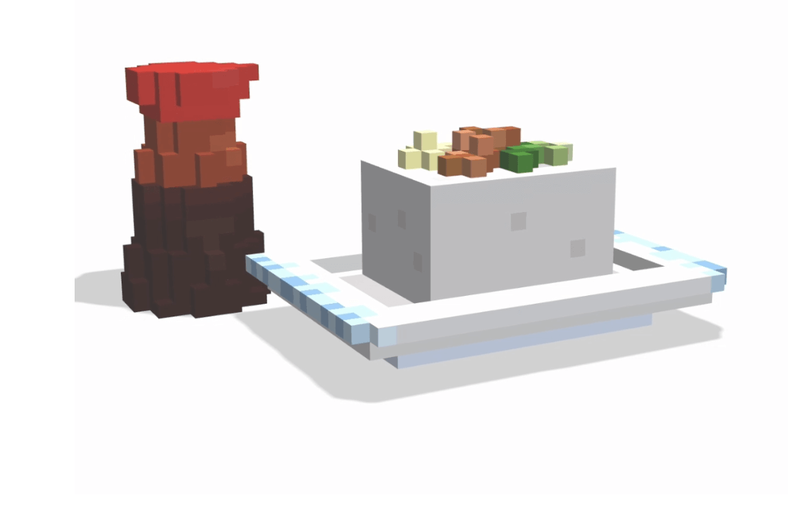 Voxsel art作品。冷奴と赤い容器の醤油が並んでいる。冷奴の上にはネギ、生姜、鰹節が載せられていて、四角い和食器に載っている。