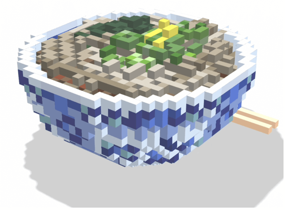 Voxsel art作品。水色の模様が入った丼にかけそばが盛り付けられている。ネギとわかめが添えられている。横には割り箸が置かれている。