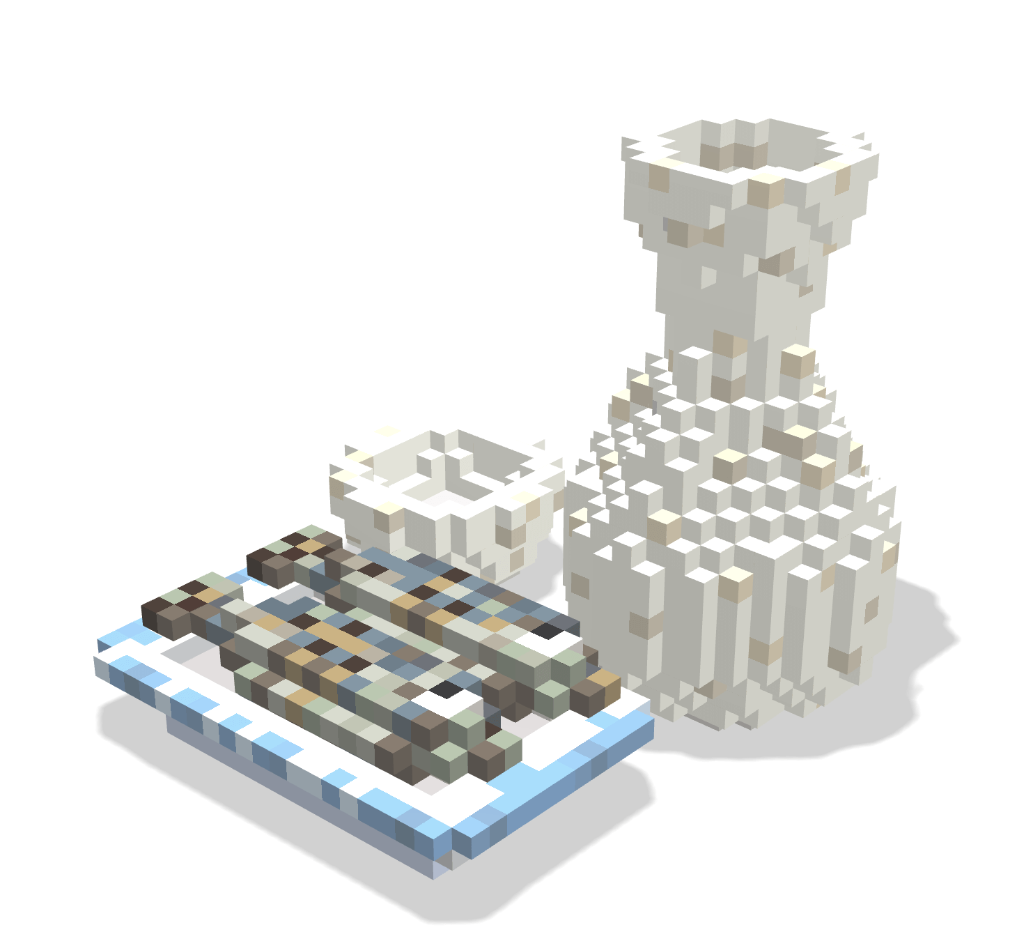 Voxsel art作品。お銚子と焼きめざしが並んでいる。焼きめざしは水色の柄が入った四角い和食器に2尾置かれている。