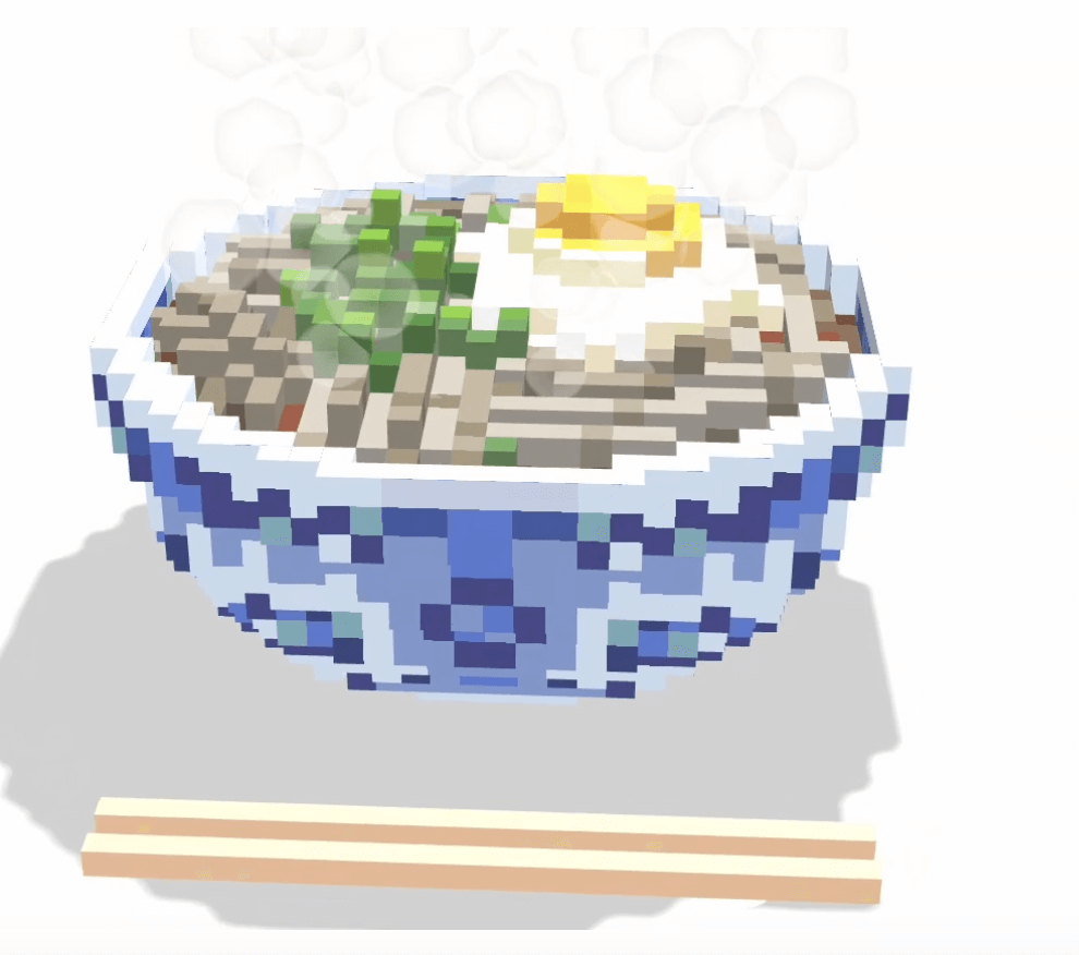 Voxsel art作品。水色の模様が入った丼に月見そばが盛り付けられている。横には割り箸が置かれている。