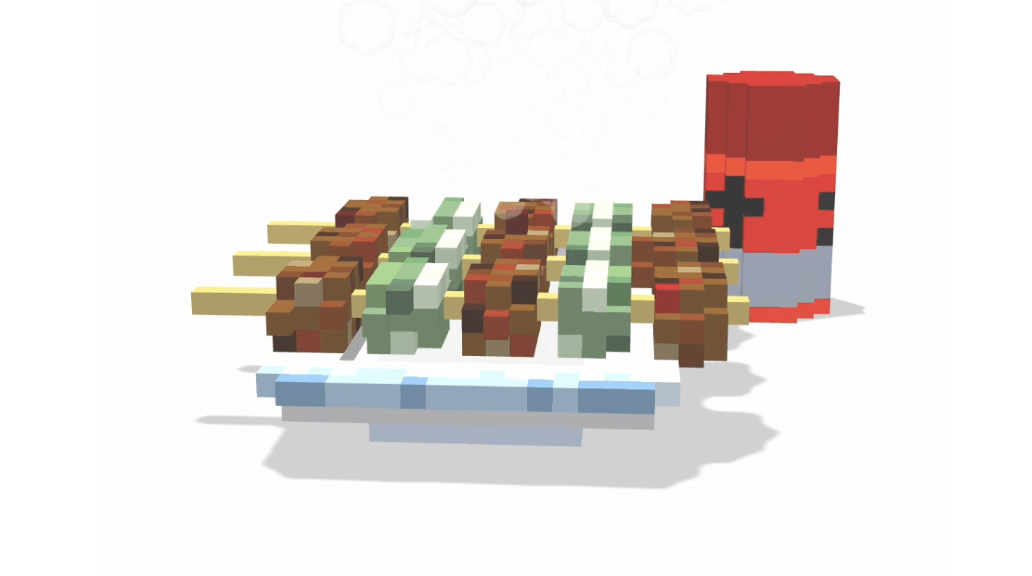 Voxsel art作品。焼き鳥のネギマ3本と七味の赤い容器が並んでいる。焼き鳥は水色の模様が入った四角い和食器に置かれている。