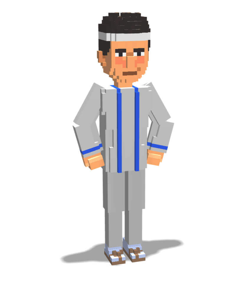 Voxsel art作品。寿司屋「正すし」の大将「正ちゃん」がで立っている。白衣姿に頭に白い鉢巻を巻き草履を履いている。